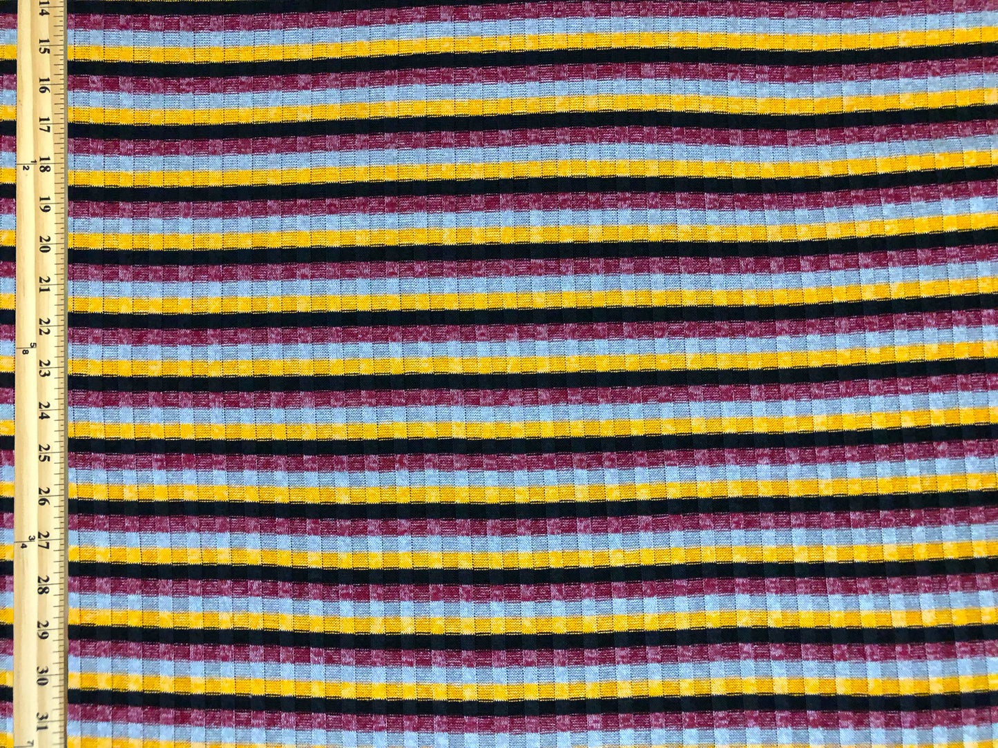 Premium Rib Knit Fabric – Mustard/Burgundy Retro Harvest Stripe, 4 Way Stretch, 58” Wide – By the Yard (PRRPR0104)