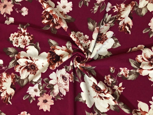 Techno Crepe Printed Fabric-Maroon Mauve White Flowers-TCRP061-Sold by the Yard