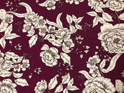 Maroon Ivory Hand Draw Flowers Techno Crepe Printed Fabric