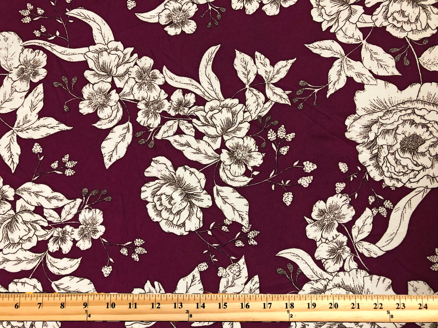 Maroon Ivory Hand Draw Flowers Techno Crepe Printed Fabric