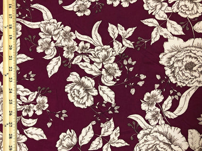 Maroon Ivory Hand Draw Flowers Techno Crepe Printed Fabric