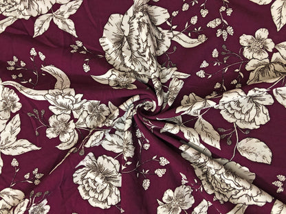 Maroon Ivory Hand Draw Flowers Techno Crepe Printed Fabric