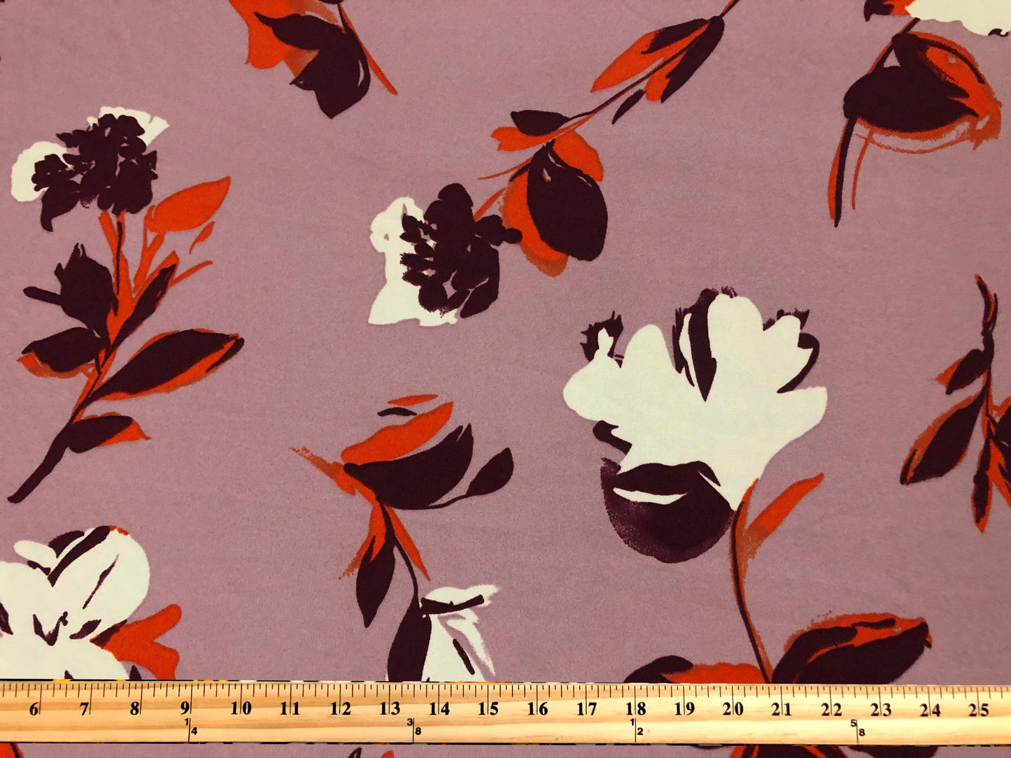 Techno Crepe Printed Fabric-Mauve Orange Flowers-TCRP055-Sold by the Yard