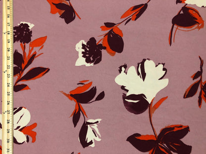 Techno Crepe Printed Fabric-Mauve Orange Flowers-TCRP055-Sold by the Yard