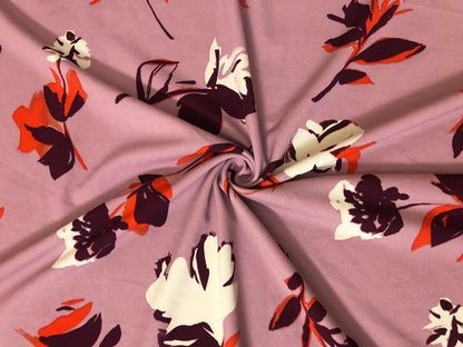 Techno Crepe Printed Fabric-Mauve Orange Flowers-TCRP055-Sold by the Yard