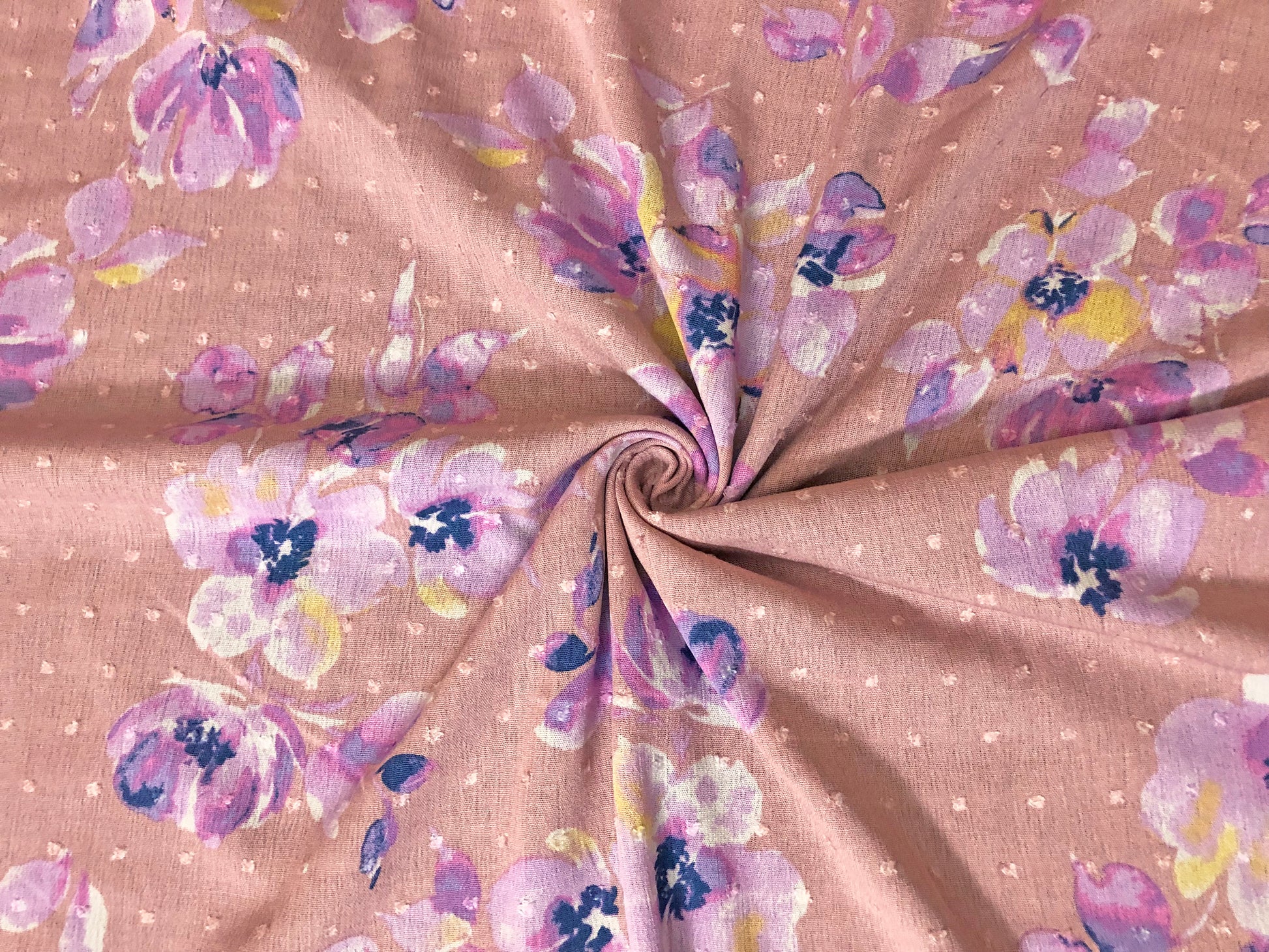 Mauve Lavender Blue Flowers Rayon Gauze Swiss Dot Print Fabric – SLPFabrics