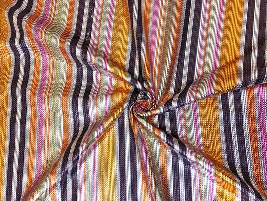 Bullet Knit Fabric – Metallic Sunset Stripes (Orange/Pink/Gold/Brown) – 4-Way Stretch, 54" Wide, 220 GSM, Sold by the Yard (BPR277)
