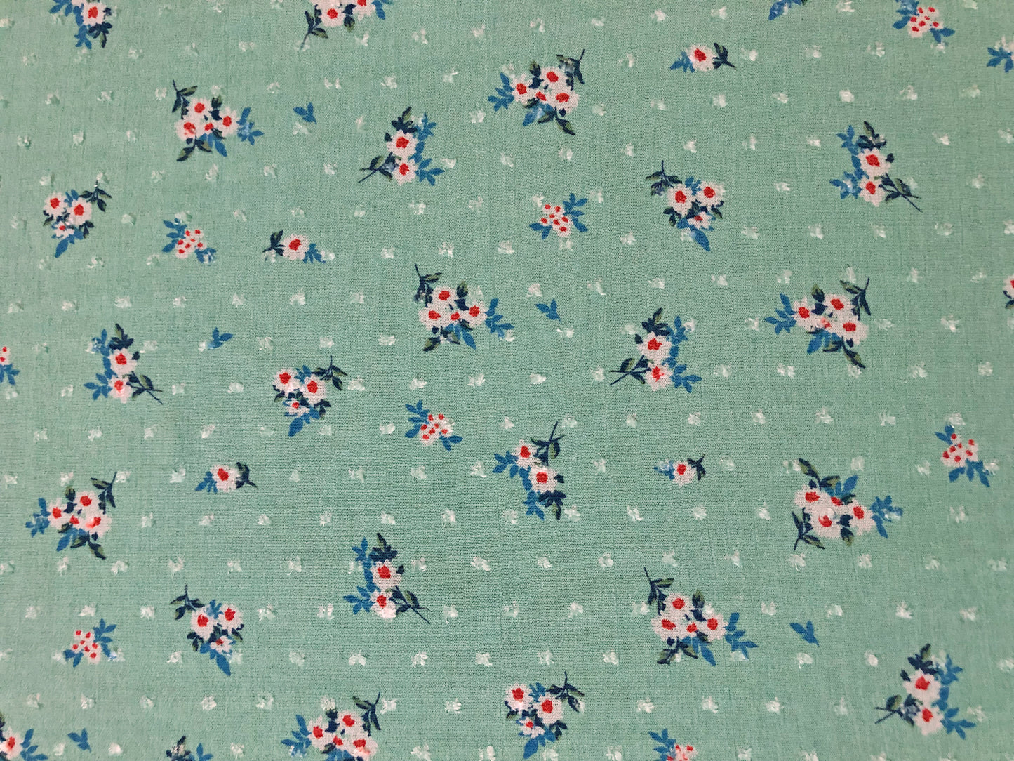 Rayon Gauze Swiss Dot Printed Fabric-Mint White Red Blue 1 1/4" Flowers-RGzPR001-Sold by the Yard