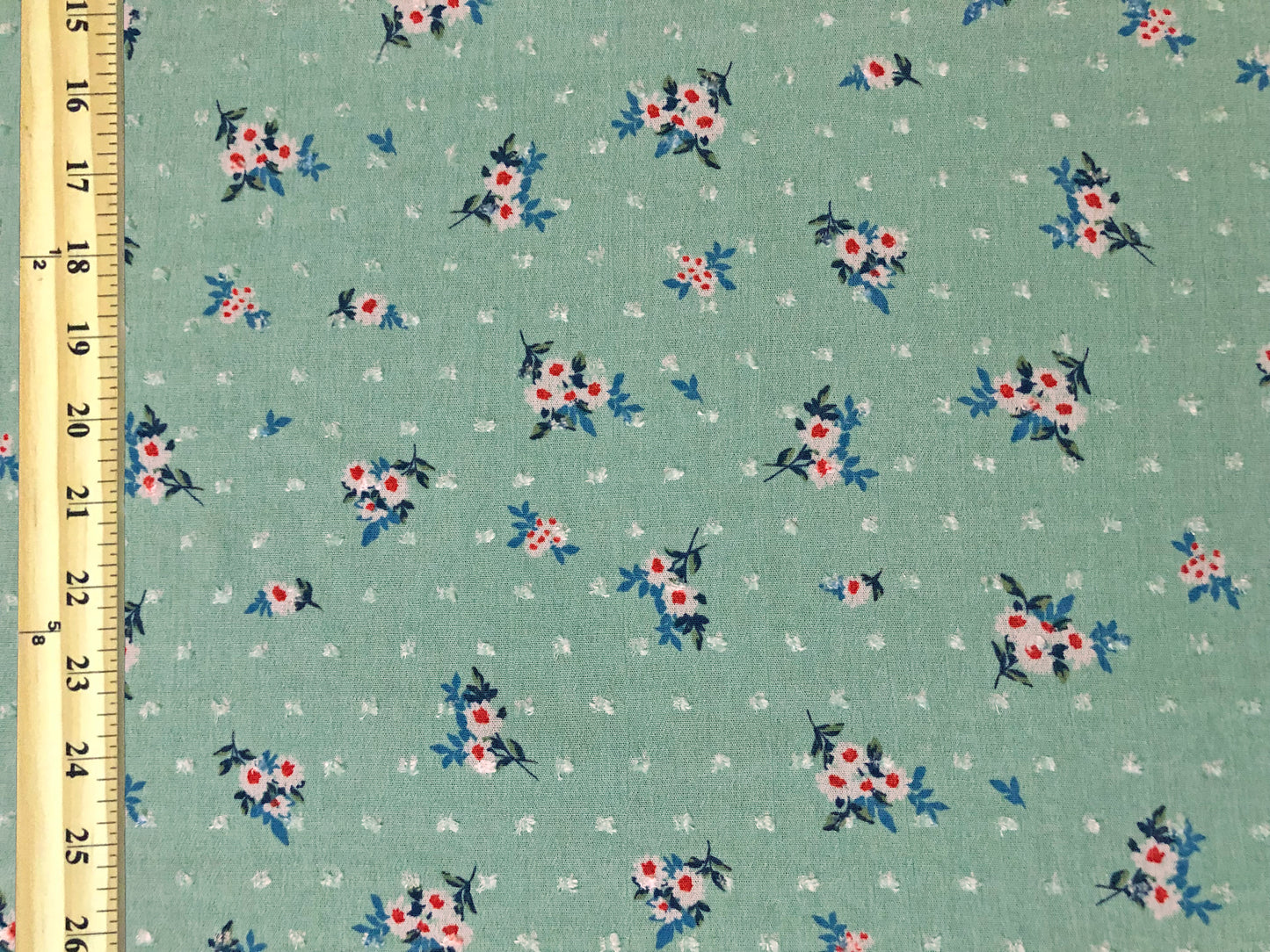 Rayon Gauze Swiss Dot Printed Fabric-Mint White Red Blue 1 1/4" Flowers-RGzPR001-Sold by the Yard