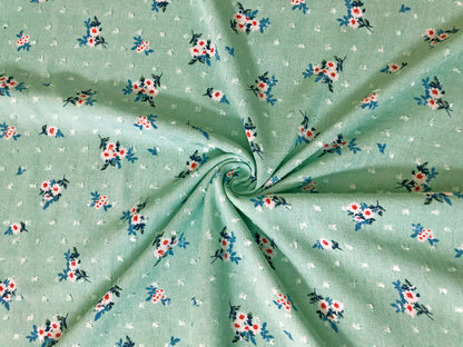 Rayon Gauze Swiss Dot Printed Fabric-Mint White Red Blue 1 1/4" Flowers-RGzPR001-Sold by the Yard