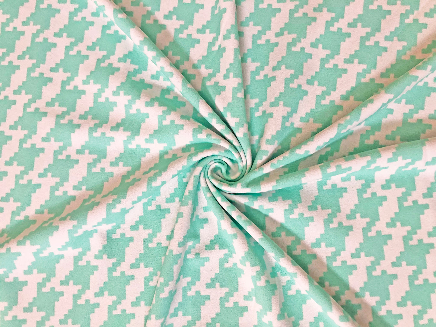 Techno Crepe Printed Fabric-Mint White Houndstooth-TCRP079-Sold by the Yard