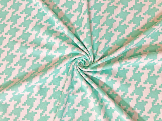 Techno Crepe Knit — Mint & White Houndstooth — 4-Way Stretch, 240 GSM, 56" Wide, Wrinkle-Resistant Matte -Sold by the Yard (TCRP079)