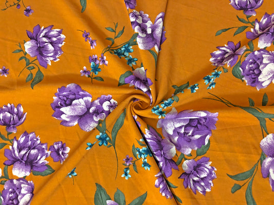 Techno Crepe Printed Fabric-Mustard Purple Flowers-TCRP057-Sold by the Yard