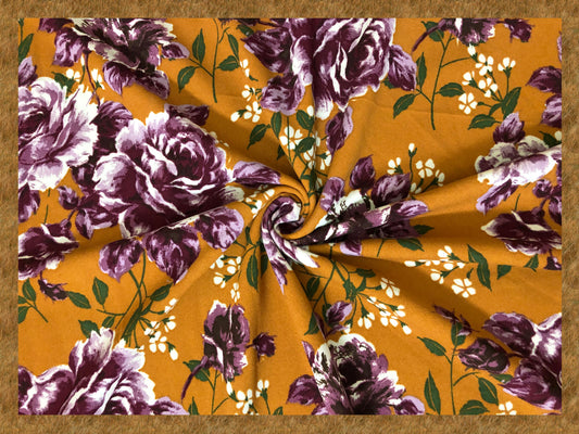 Techno Crepe Printed Fabric-Mustard Purple Roses-TCRP025-Sold by the Yard