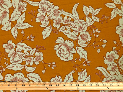 Mustard Ivory Hand Draw Flowers Techno Crepe Printed Fabric