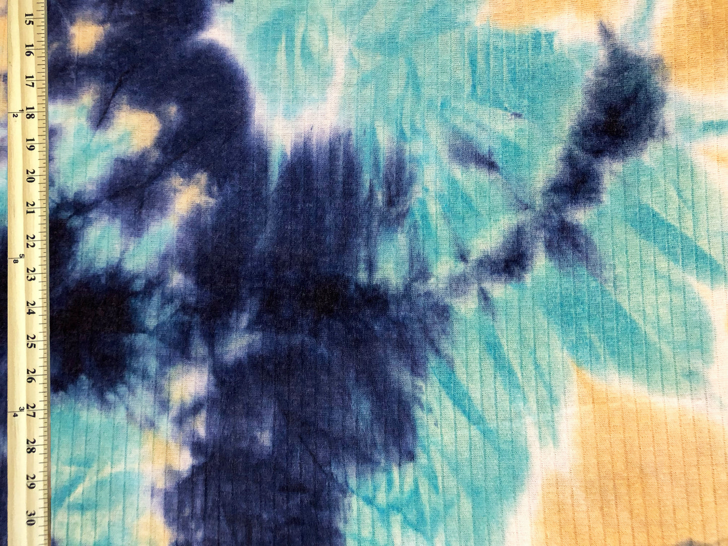 Rib Knit Fabric – Navy/Aqua Ocean Mist Cloud Tie Dye, 4 Way Stretch, 58” Wide – By the Yard (PRRTD07)