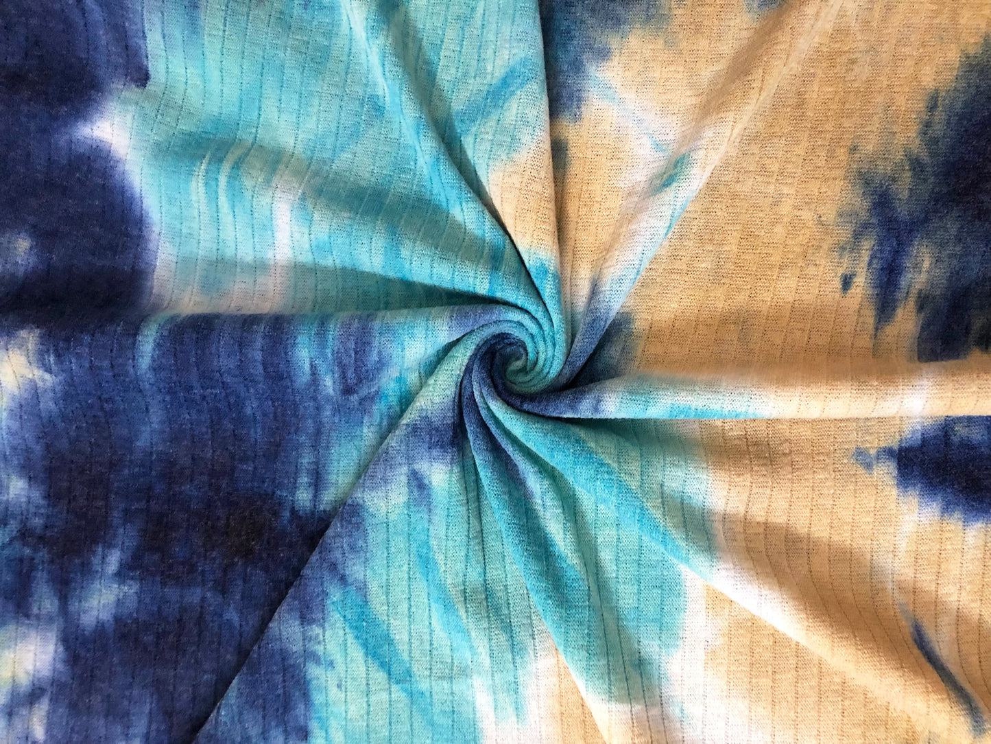 Rib Knit Fabric – Navy/Aqua Ocean Mist Cloud Tie Dye, 4 Way Stretch, 58” Wide – By the Yard (PRRTD07)