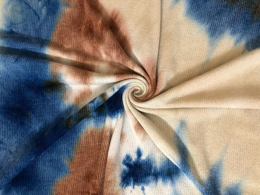 Hacci Mini Rib Knit Fabric – Navy/Mocha Watercolor Cloud Tie Dye – Buttery Soft 4-Way Stretch, 58” Wide – By the Yard (HMRPR02)