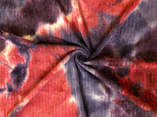 Rib Knit Fabric – Navy/Red Midnight Ember Cloud Tie Dye, 4 Way Stretch, 58” Wide – By the Yard (PRRTD08)