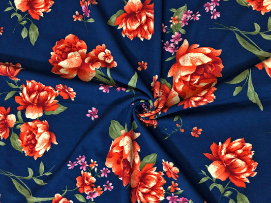 Techno Crepe Printed Fabric-Navy Blue Red Flowers-TCRP051-Sold by the Yard