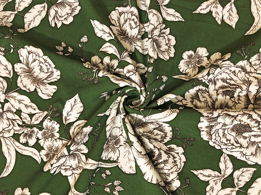 Olive Ivory Hand Draw Flowers Techno Crepe Printed Fabric