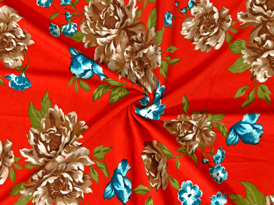 Techno Crepe Printed Fabric-Orange Brown Blue Flowers-TCRP064-Sold by the Yard