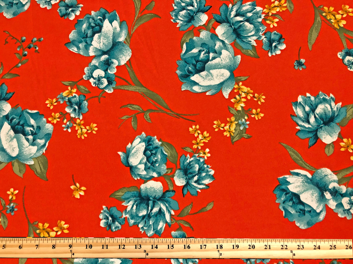 Techno Crepe Printed Fabric-Orange Jade Green Flowers-TCRP058-Sold by the Yard