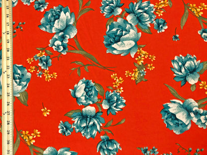 Techno Crepe Printed Fabric-Orange Jade Green Flowers-TCRP058-Sold by the Yard