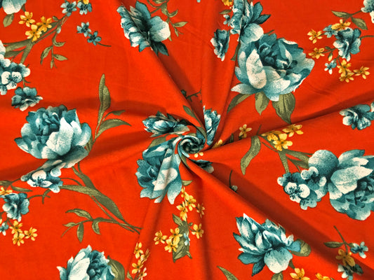 Techno Crepe Printed Fabric-Orange Jade Green Flowers-TCRP058-Sold by the Yard