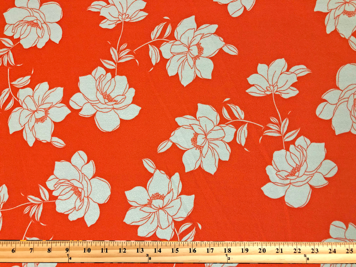 Techno Crepe Printed Fabric-Orange White Flowers-TCRP070-Sold by the Yard