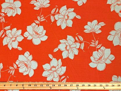 Techno Crepe Printed Fabric-Orange White Flowers-TCRP070-Sold by the Yard