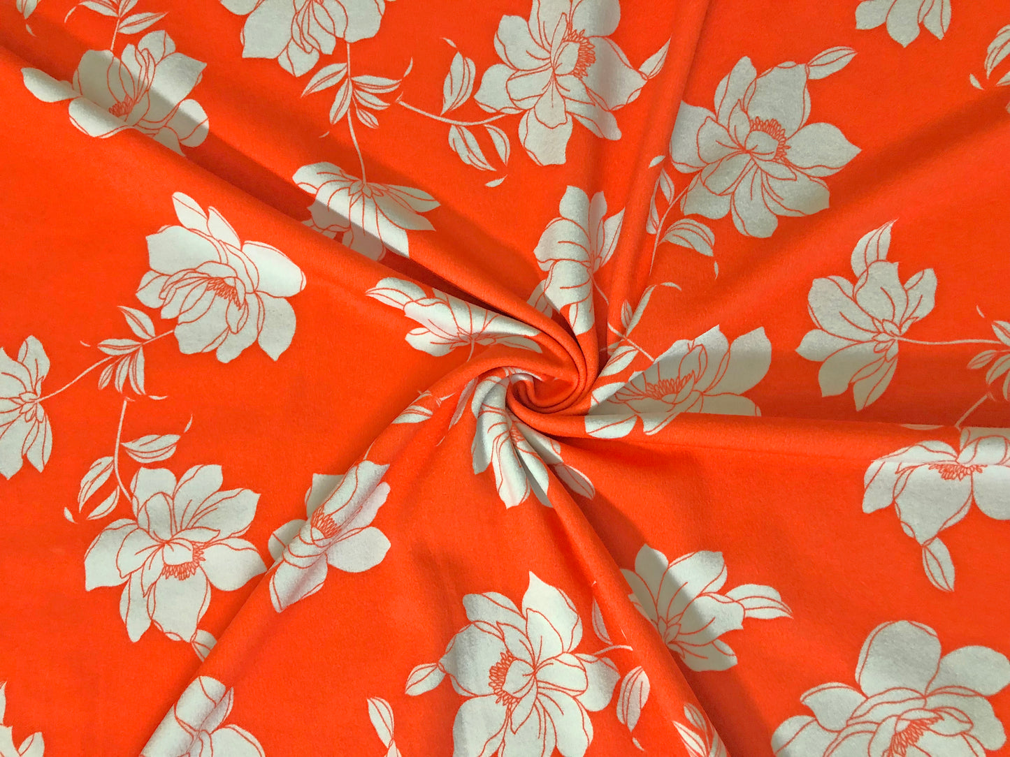 Techno Crepe Printed Fabric-Orange White Flowers-TCRP070-Sold by the Yard