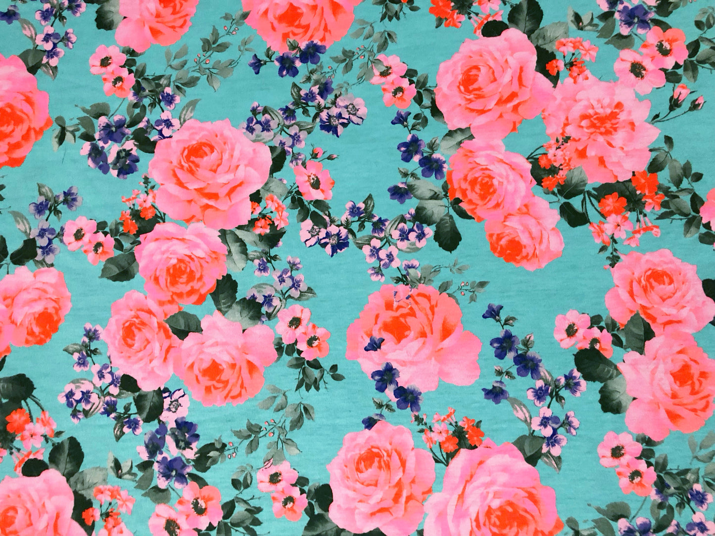 Premium Poly Rayon Spandex — Aqua Rose Garden Toss — 2-Way Stretch, 190 GSM, 58" Wide — By the Yard (PRSXPR015)