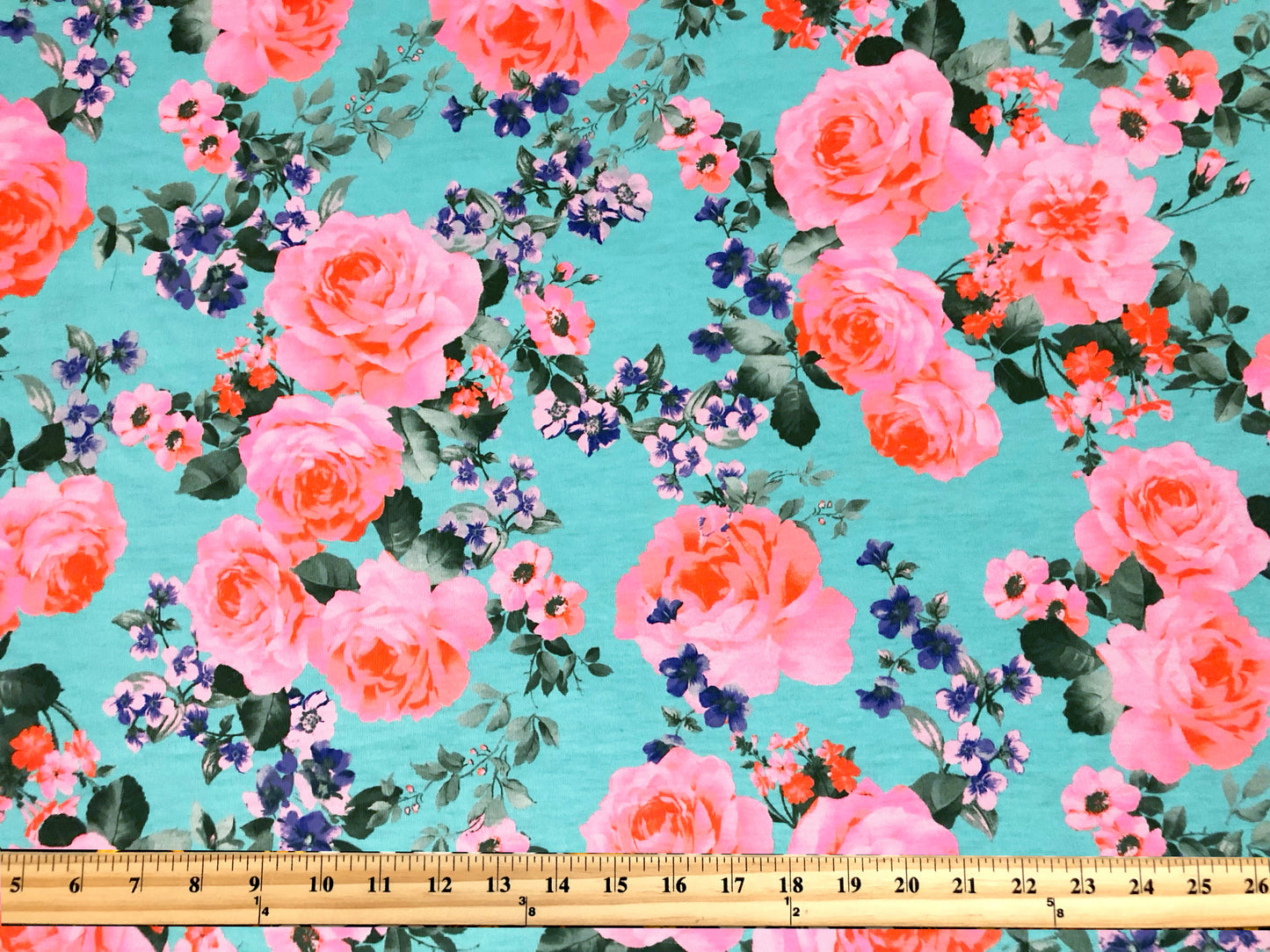 Premium Poly Rayon Spandex — Aqua Rose Garden Toss — 2-Way Stretch, 190 GSM, 58" Wide — By the Yard (PRSXPR015)