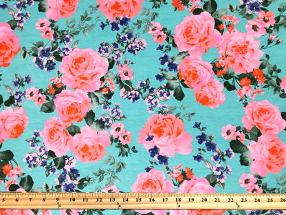 Premium Poly Rayon Spandex — Aqua Rose Garden Toss — 2-Way Stretch, 190 GSM, 58" Wide — By the Yard (PRSXPR015)