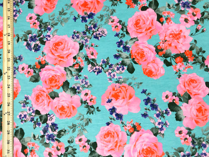 Premium Poly Rayon Spandex — Aqua Rose Garden Toss — 2-Way Stretch, 190 GSM, 58" Wide — By the Yard (PRSXPR015)