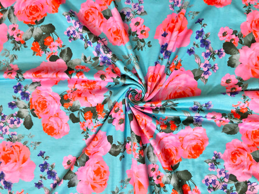 Premium Poly Rayon Spandex — Aqua Rose Garden Toss — 2-Way Stretch, 190 GSM, 58" Wide — By the Yard (PRSXPR015)