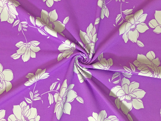 Techno Crepe Printed Fabric-Grape White Flowers-TCRP071-Sold by the Yard