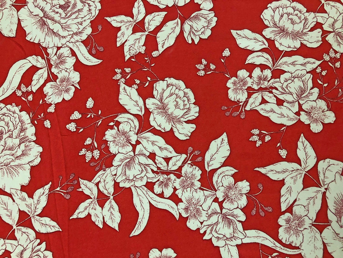 Red Orange Ivory Hand Draw Flowers Techno Crepe Printed Fabric