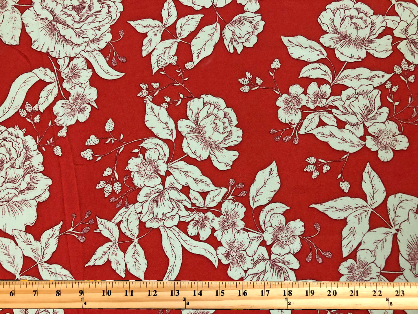 Red Orange Ivory Hand Draw Flowers Techno Crepe Printed Fabric