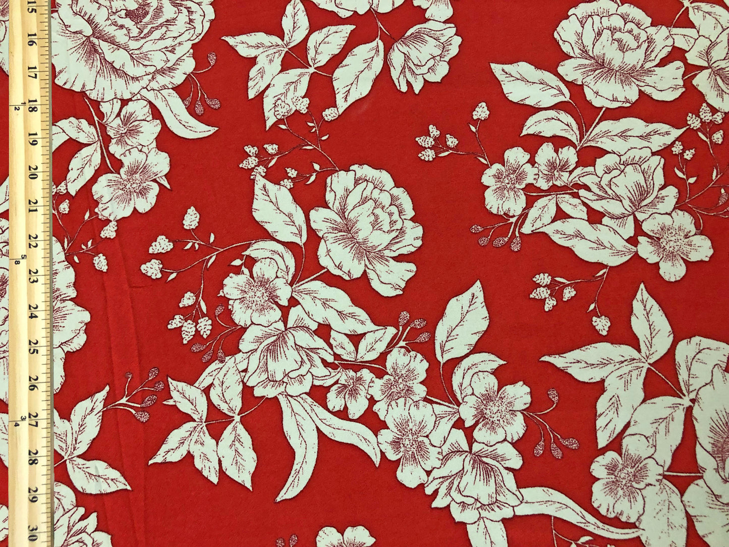 Red Orange Ivory Hand Draw Flowers Techno Crepe Printed Fabric