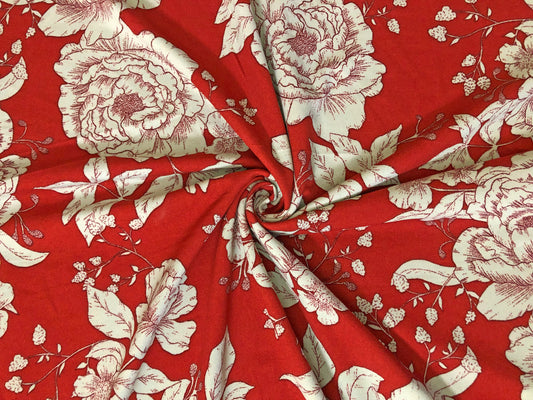 Red Orange Ivory Hand Draw Flowers Techno Crepe Printed Fabric