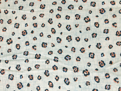 Rayon Challis Fabric — Coastal Mini Leopard in Icy Blue, Navy & Coral — 100% Rayon, 58" Wide, No Stretch — By the Yard (RCHPR027)