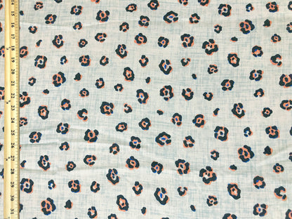 Rayon Challis Fabric — Coastal Mini Leopard in Icy Blue, Navy & Coral — 100% Rayon, 58" Wide, No Stretch — By the Yard (RCHPR027)