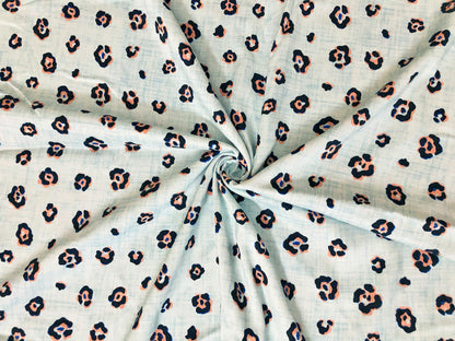 Rayon Challis Fabric — Coastal Mini Leopard in Icy Blue, Navy & Coral — 100% Rayon, 58" Wide, No Stretch — By the Yard (RCHPR027)