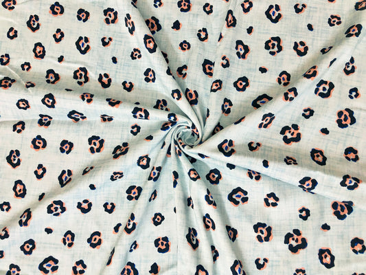 Rayon Challis Fabric — Coastal Mini Leopard in Icy Blue, Navy & Coral — 100% Rayon, 58" Wide, No Stretch — By the Yard (RCHPR027)