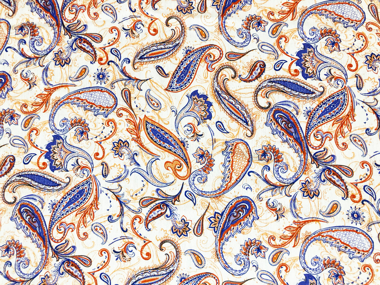 Rayon Gauze Fabric — Royal Blue & Rust Paisley Scrollwork on Ivory — 100% Rayon, 58" Wide, No Stretch — By the Yard (RGZPR018)