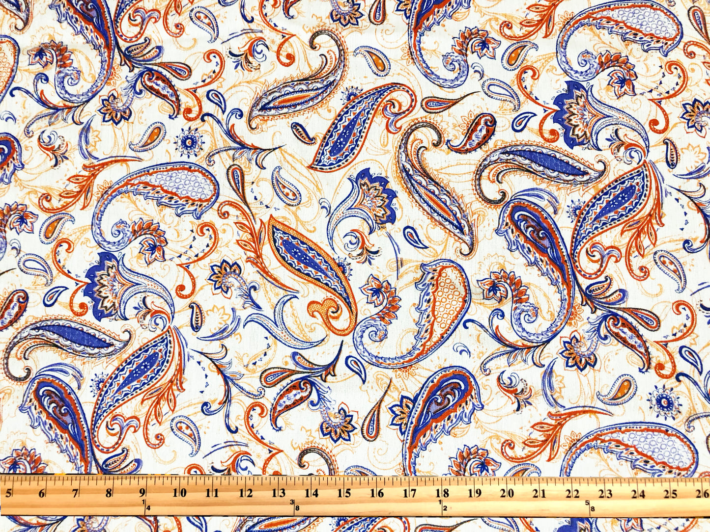 Rayon Gauze Fabric — Royal Blue & Rust Paisley Scrollwork on Ivory — 100% Rayon, 58" Wide, No Stretch — By the Yard (RGZPR018)