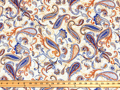 Rayon Gauze Fabric — Royal Blue & Rust Paisley Scrollwork on Ivory — 100% Rayon, 58" Wide, No Stretch — By the Yard (RGZPR018)