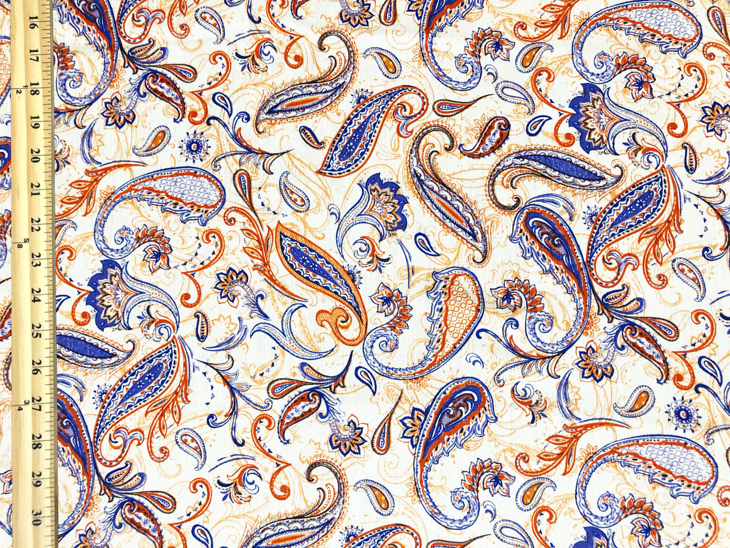 Rayon Gauze Fabric — Royal Blue & Rust Paisley Scrollwork on Ivory — 100% Rayon, 58" Wide, No Stretch — By the Yard (RGZPR018)
